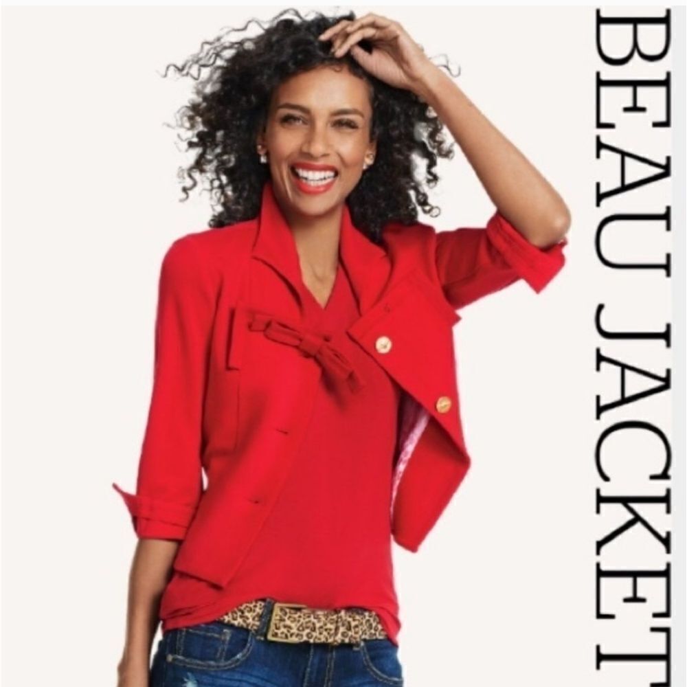 Cabi Beau Jacket Red with gold buttons and bow size 6